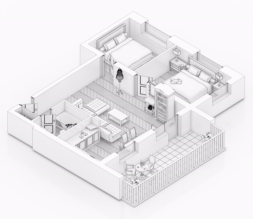 白色的室内设计建筑空间结构图