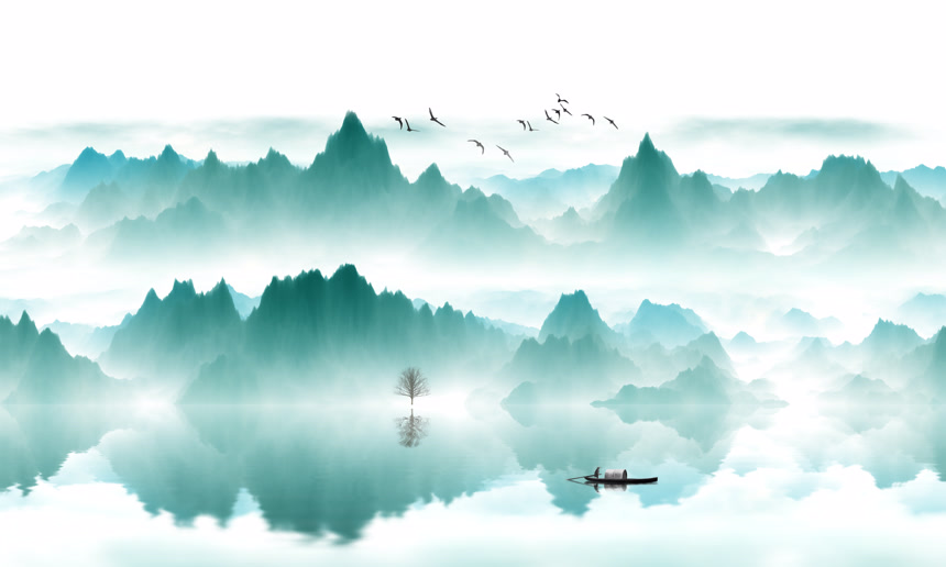 水墨山水插画手绘插画背景