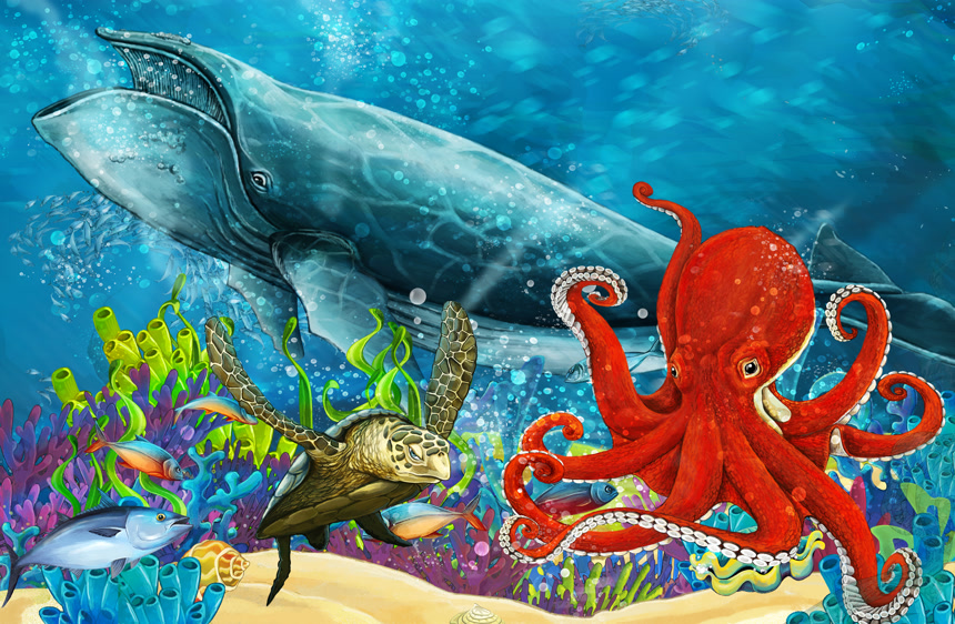 在珊瑚礁附近的鲸鱼和章鱼儿童插图