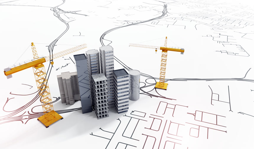 带有建筑起重机的写字楼的建筑设计