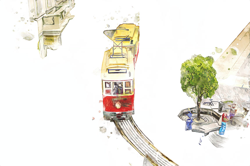 行驶在轨道上的火车卡通水彩画儿插配图