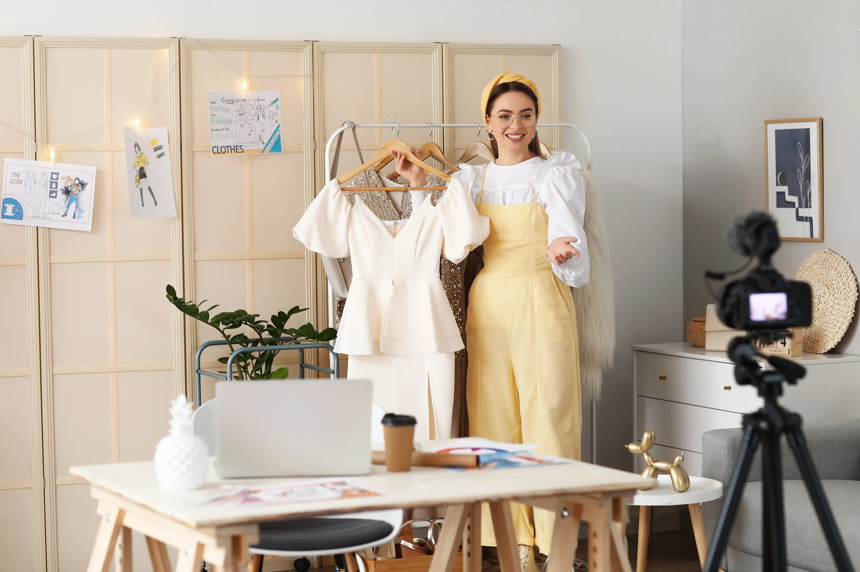 工作室里的年轻女装设计师录制视频生活方式