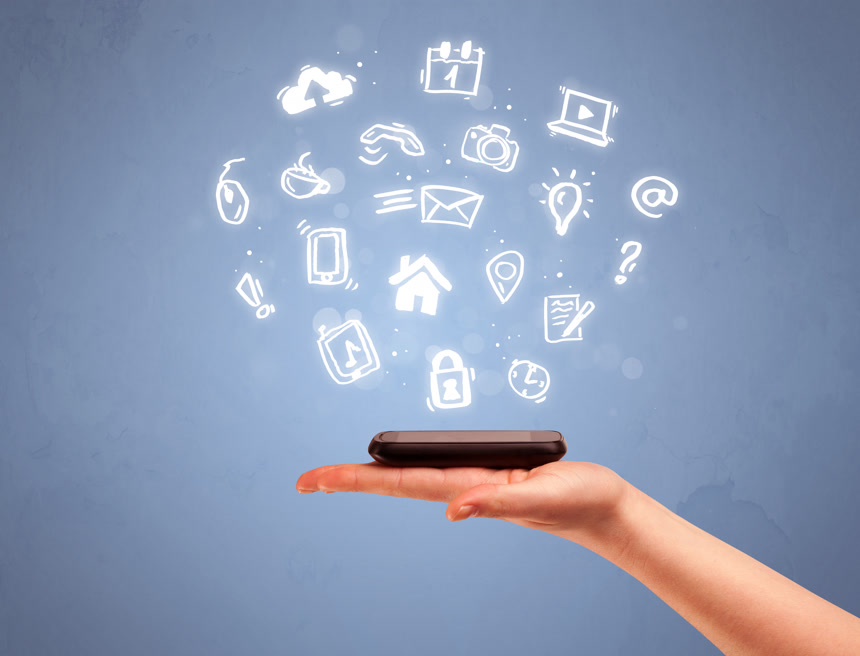 手持带有绘图图标的平板电话科技生活