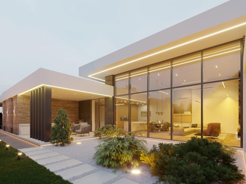 一个有院子和车头的现代房子的三维可视化现代建筑