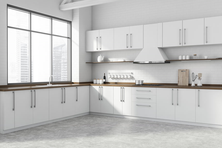 现代化厨房橱柜和台面炊具3d渲染居家生活方式