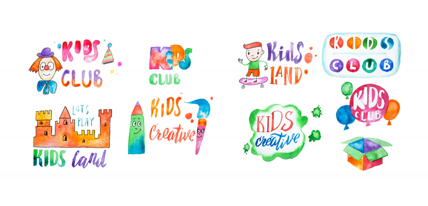 白色背景上儿童手绘的水彩画图标