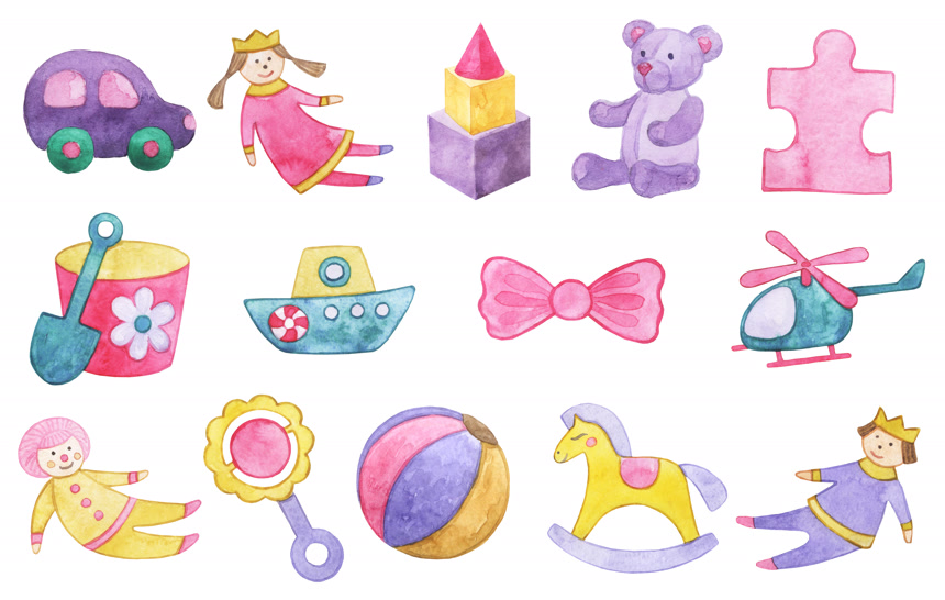 皮球蝴蝶结直升机娃娃孩子们的水彩画素材