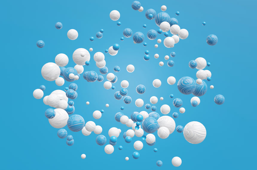 圣诞节简单的蓝色和白色的球飞行在蓝色背景