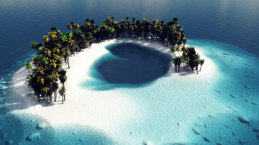 海面上的一个热带小岛自然景观 