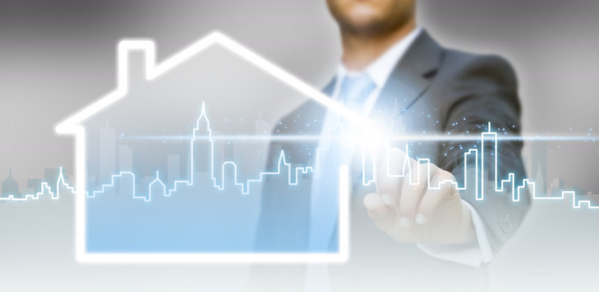 商人房地产概念商人在点击虚拟房子和建筑