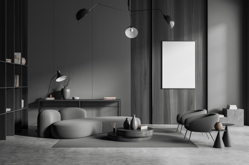 黑暗的客厅内部沙发3D渲染