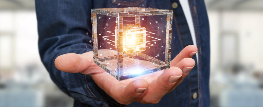 商人使用未来立方体纹理对象3d 渲染 人工智能 全息图 