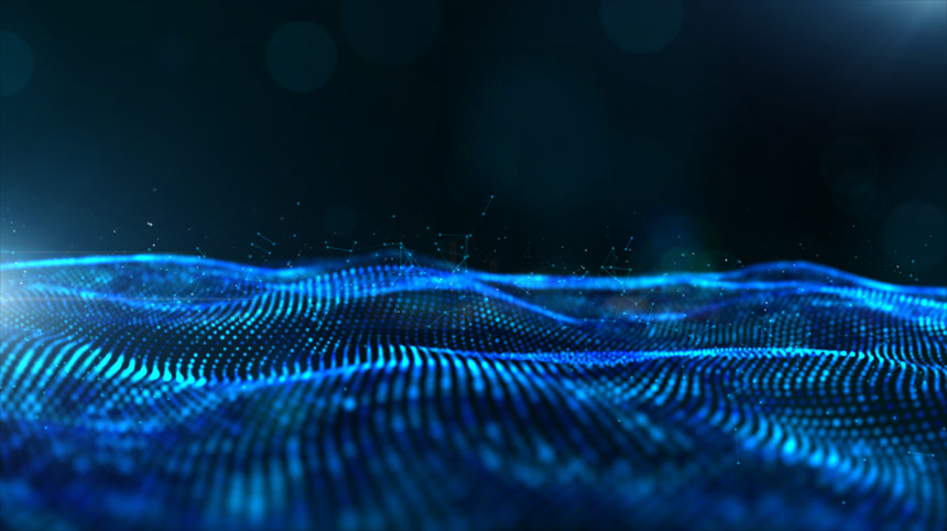 抽象蓝色数字粒子波与散景和光科技粒子背景 