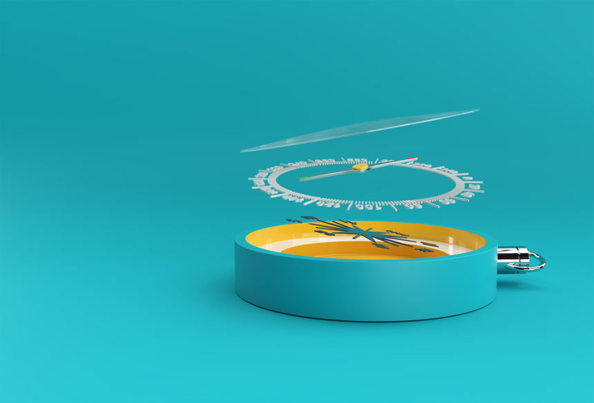 绿松石指南针3D渲染插图设计