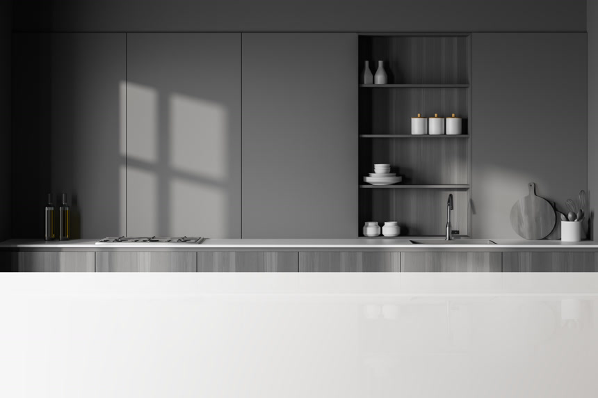 您的产品白色的桌子在时尚的厨房与灰色的墙壁橱柜3D渲染模拟生活方式