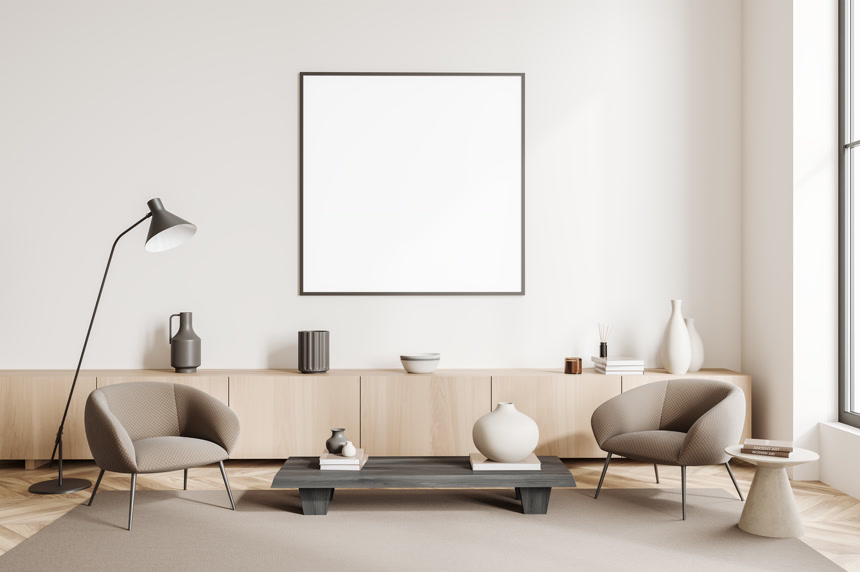 白色客厅内两个扶手椅和咖啡桌3D渲染