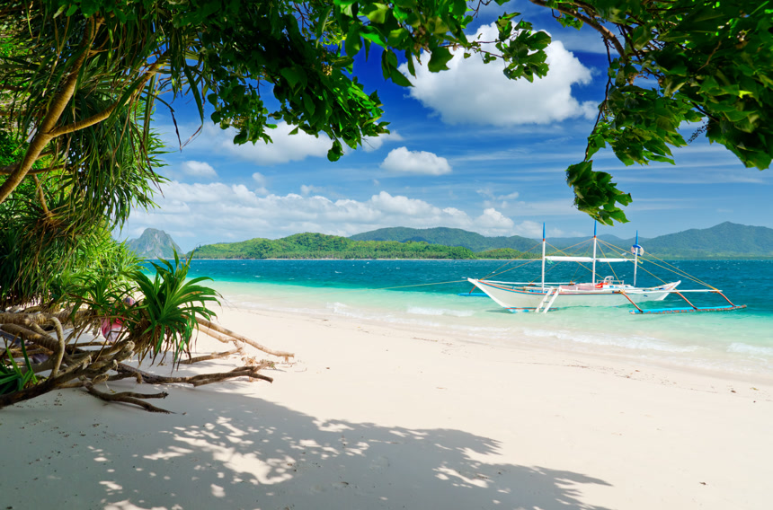 户外旅游海滩树木帆船悠闲轻松壁纸图