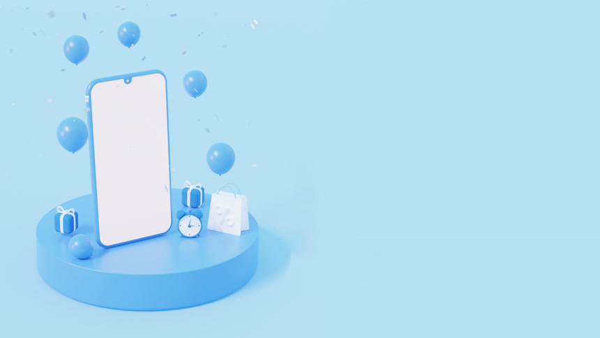 带举杯台礼物和气球模版立体智能手机3D渲染