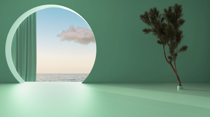 幻想的虚构建筑带有圆形拱形窗帘的空空间室内设计日出日落海全景云彩