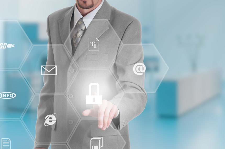 具有数据保护全息图概念的商人背景图