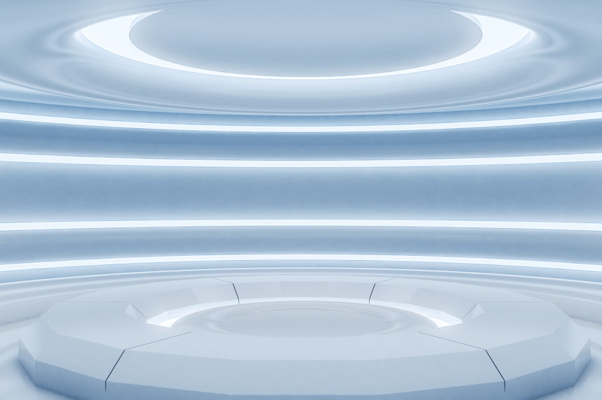 未来白色圆形房间内部3d 渲染设计图    科幻小说和未来的概念 