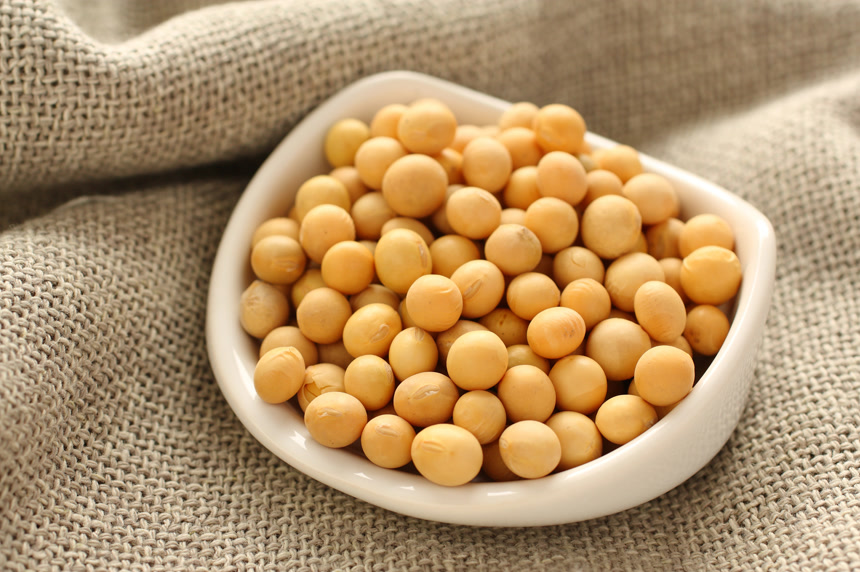 麻布背景上的白色陶瓷碗中的大豆