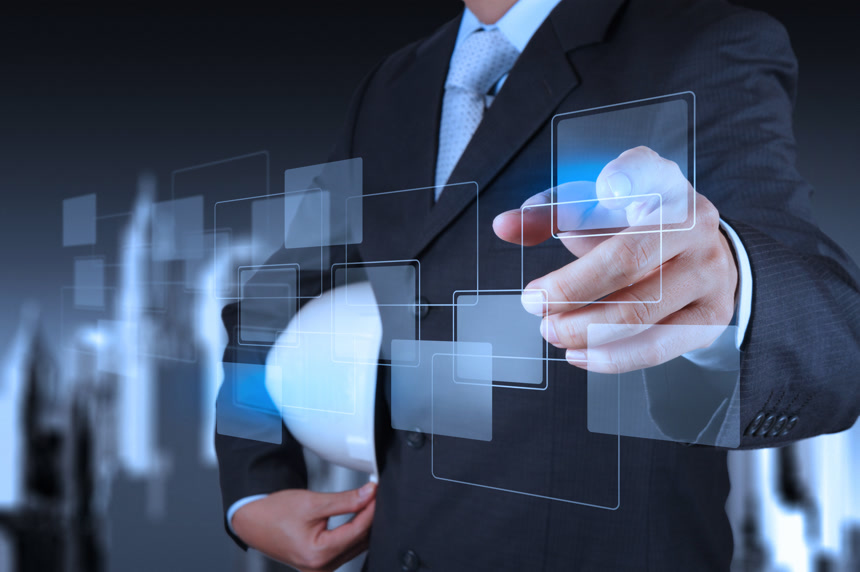 男技术人员在人工智能演示商务办公壁纸