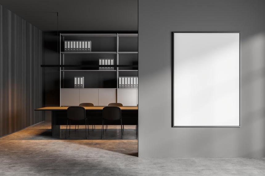 3d渲染黑色调的办公室内部生活方式