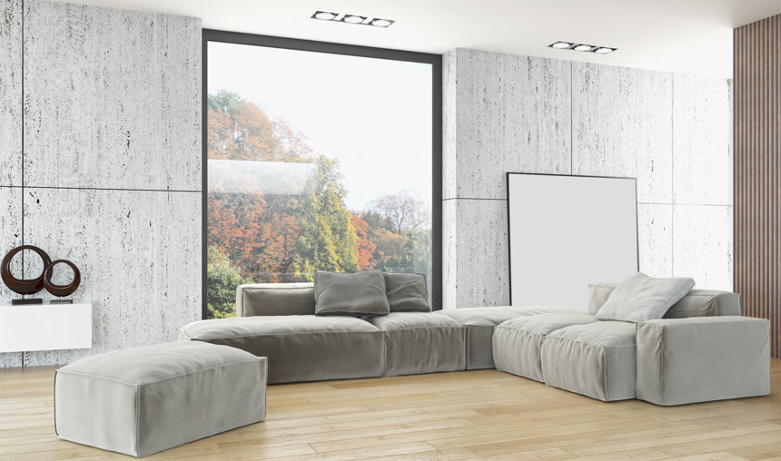 3D渲染的现代明亮房间内部生活场景