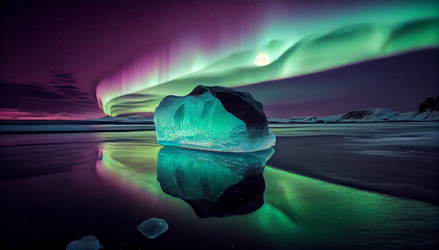 多彩的北极光（Aurora borealis）在夜空中覆盖着雪景和水景自然风景