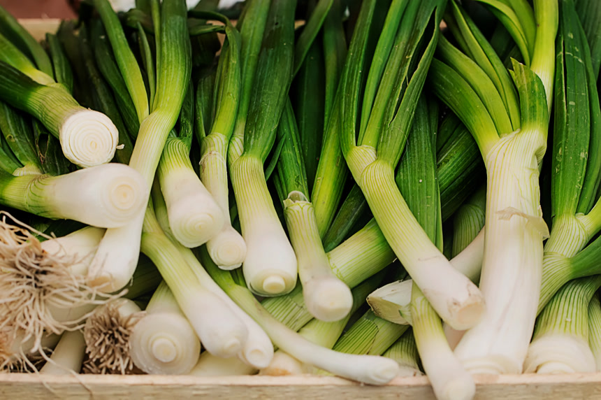 在农贸市场上的一堆大葱蔬菜