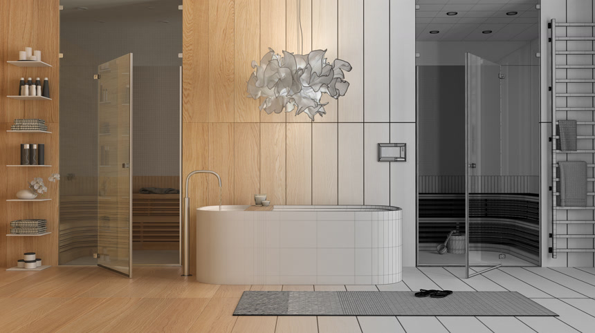 建筑师室内设计理念手绘草稿未完成的工程成为现实，浴室，健康中心与浴缸，桑拿房，架子与毛巾，架子，地毯生活方式