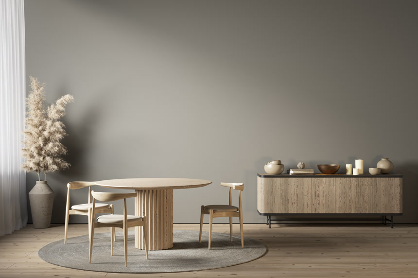 灰色的室内餐桌衣柜和装饰三维渲染效果图模型室内设计