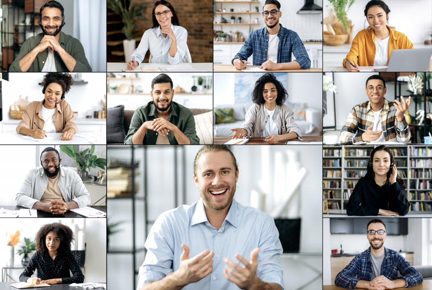 积极友好的男性领导者与多种族同事举行了一次在线视频会议商务经济