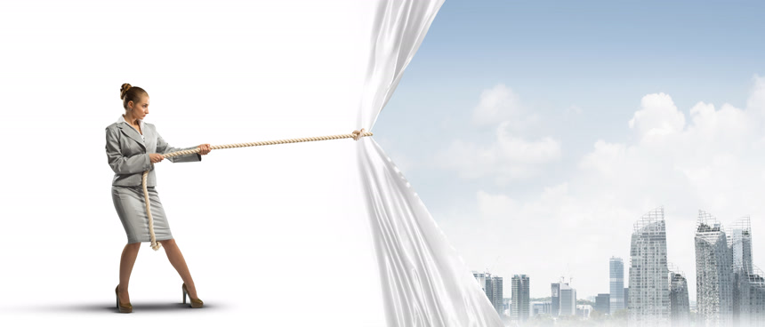 年轻女子揭开白色帷幕呈现现代城市景观概念图城市建设设计蓝图