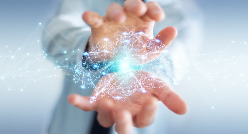 人物手中的科技信息数据链条大数据可视化信息互联商务经济图