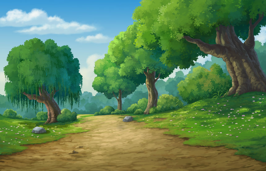 卡通漫画场景树木小路