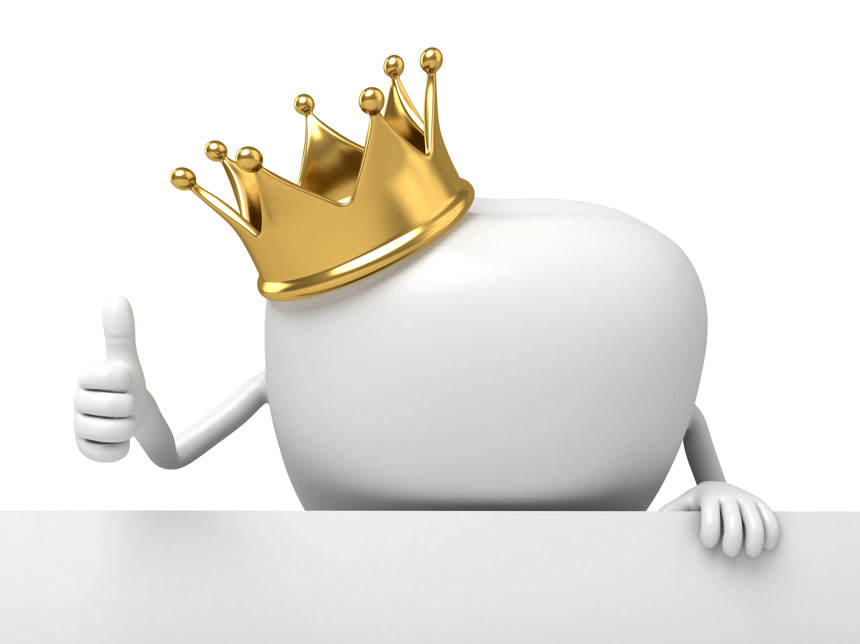 头戴皇冠的三D牙齿小人竖起大拇指牙齿广告创意白底图片