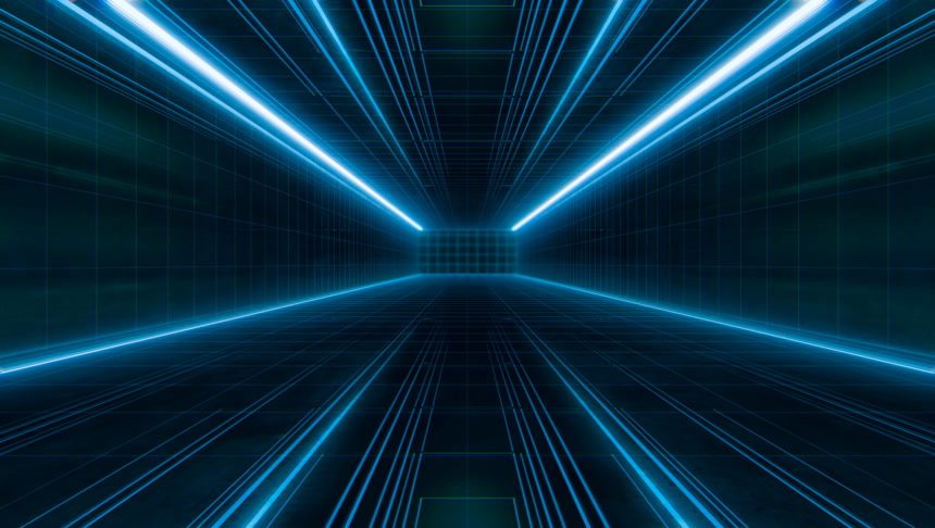 未来光线框隧道。长宇宙飞船走廊的内部视野.未来科幻小说背景的概念。3D渲染.