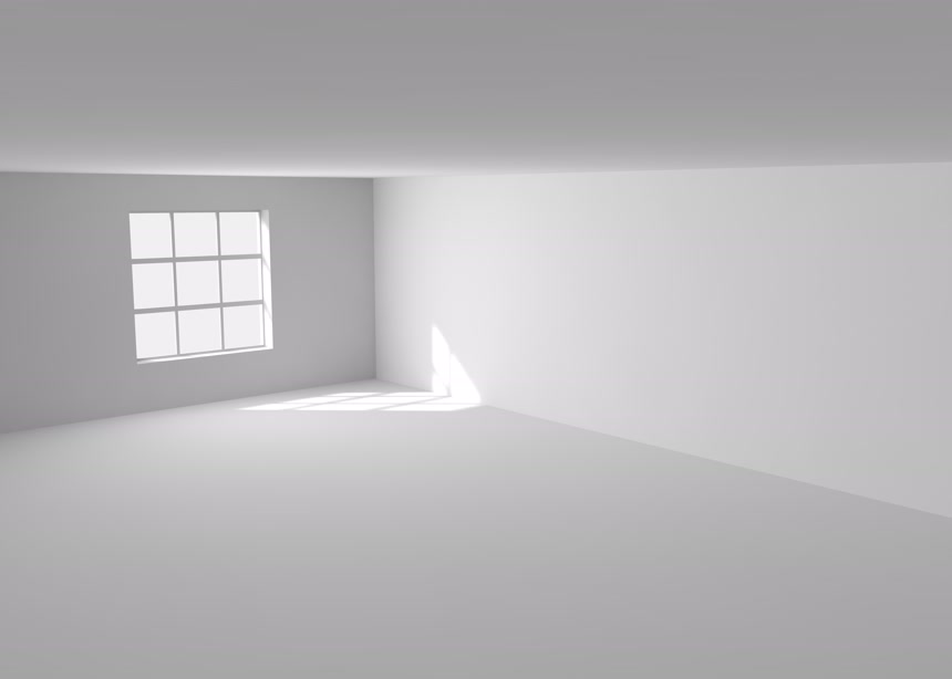 有窗户的空的白色房间的3d插画