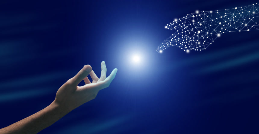 未来技术数字和人手与闪光灯未来科技