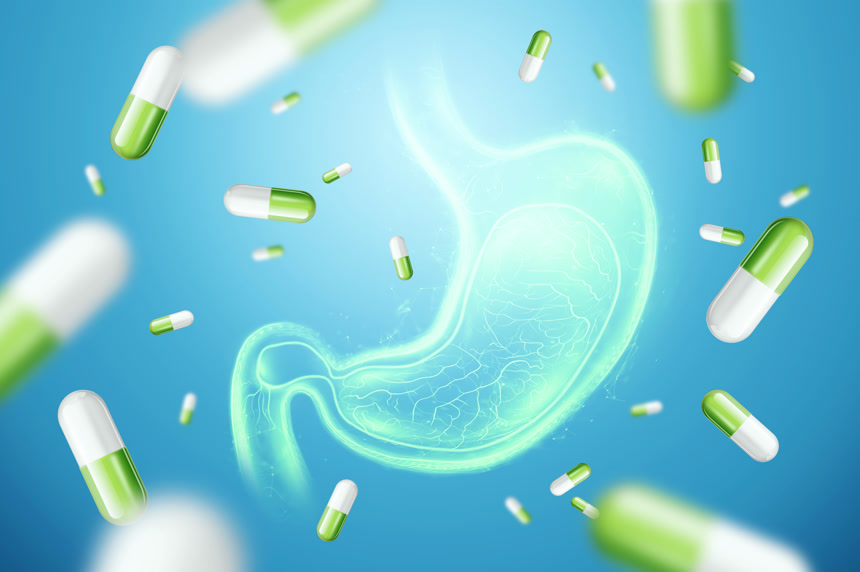 胃和药丸图像饮食的概念肠道菌群微生物健康消化3D渲染医学医疗