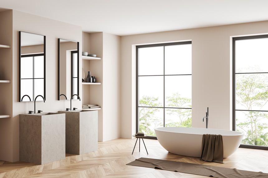 白色浴室内部与双水池和浴缸，侧视图，硬木地板。酒店浴室配件在架子上,全景窗口在热带地区.3D渲染