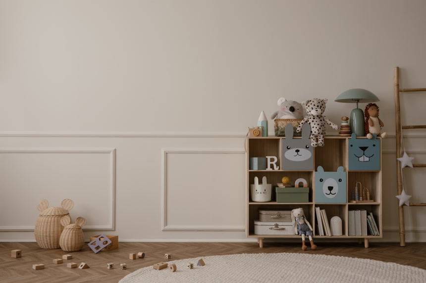 儿童房室内设计木制餐具柜圆形地毯家居装饰