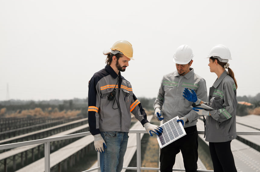 工程师开会检查屋顶的太阳能电池板摄影图工程建设