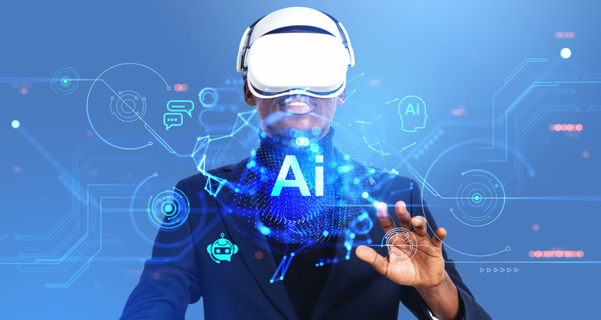 非洲商人在vr耳机手触摸虚拟屏幕与人工智能全息图与聊天机器人和在线通信，技术线路和连接人工智能的概念