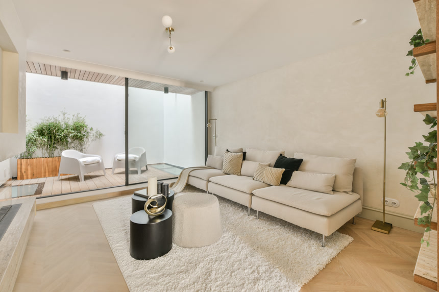 客厅柔软的天鹅绒沙发有靠垫室内设计