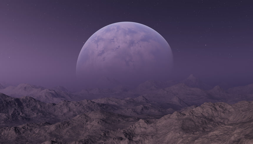 3D渲染空间艺术外星行星梦幻景观紫色背景