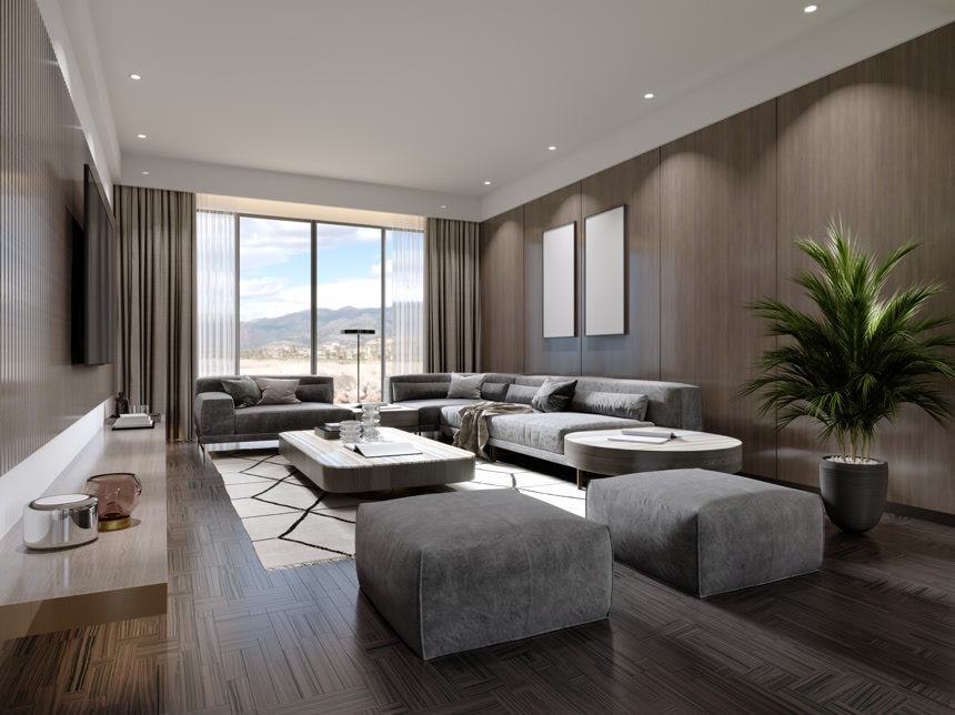 3D渲染大型豪华现代明亮的客厅室内设计生活方式