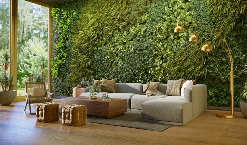 客厅内部铺满植物的墙壁3D渲染室内设计